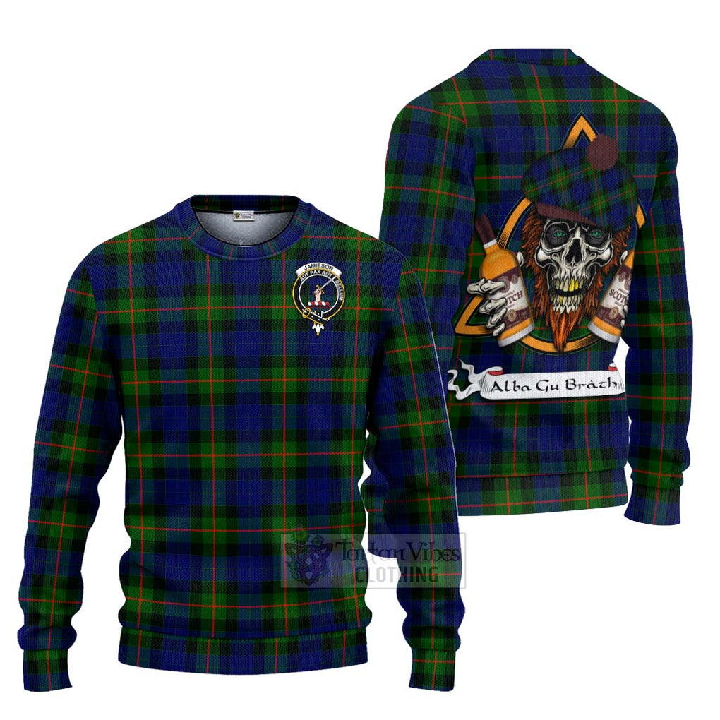 Tartan Vibes Clothing Jamieson Tartan Knitted Sweater with Family Crest and Bearded Skull Holding Bottles of Whiskey