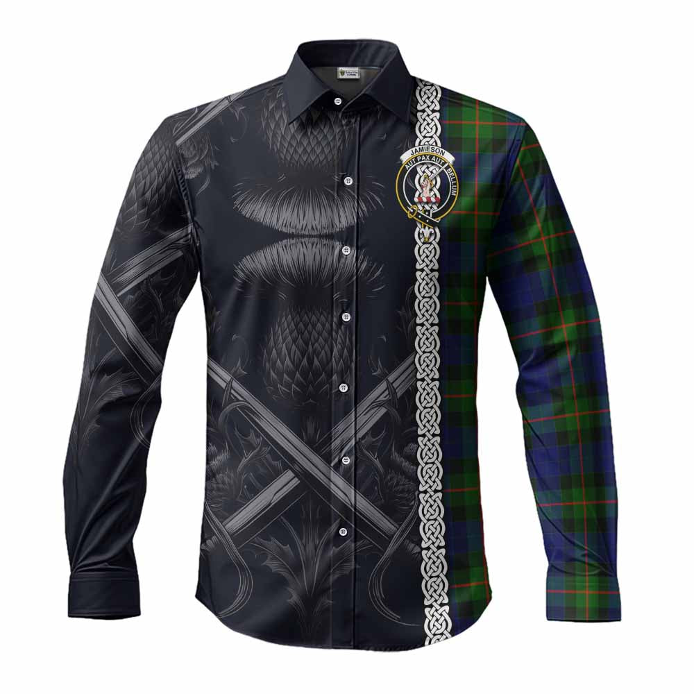 Tartan Vibes Clothing Jamieson Tartan Long Sleeve Button Shirt with Family Crest Cross Sword Thistle Celtic Vibes