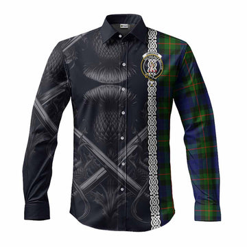 Jamieson Tartan Long Sleeve Button Shirt with Family Crest Cross Sword Thistle Celtic Vibes