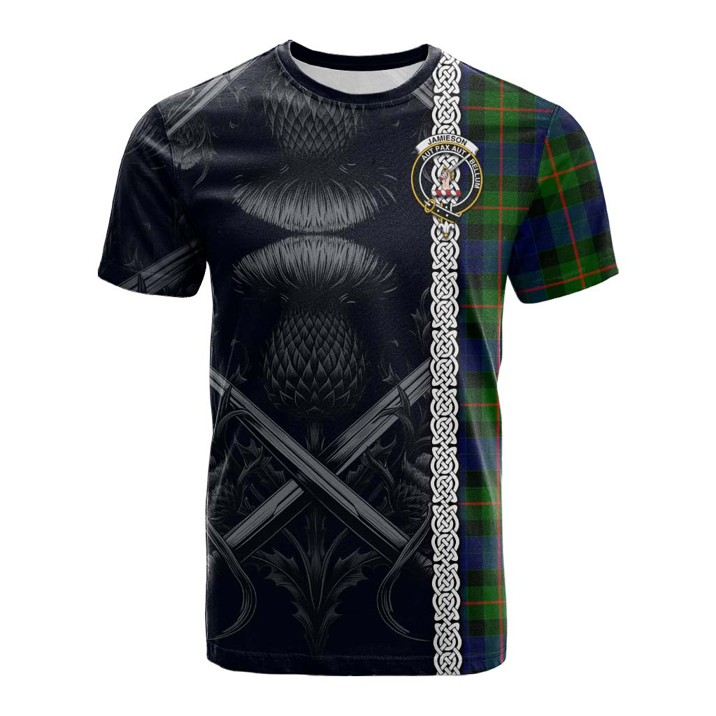 Tartan Vibes Clothing Jamieson Tartan Cotton T-shirt with Family Crest Cross Sword Thistle Celtic Vibes