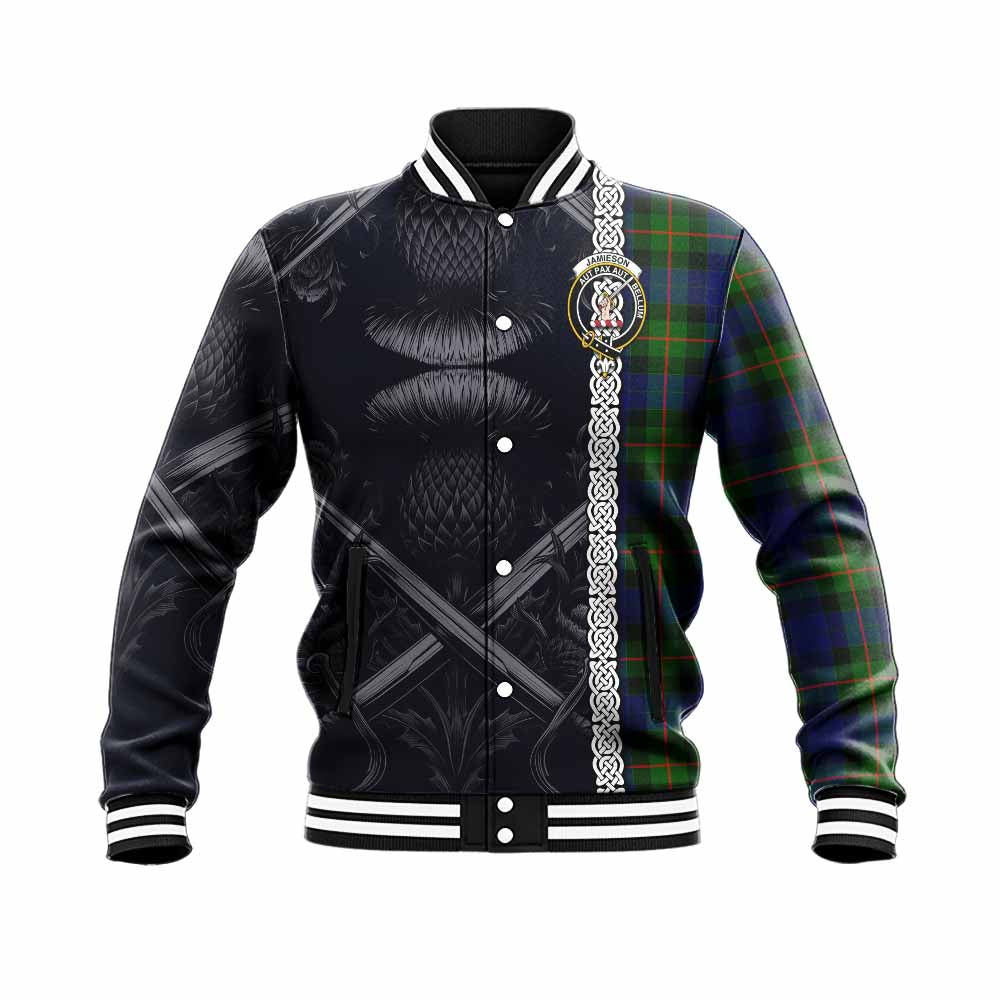 Tartan Vibes Clothing Jamieson Tartan Baseball Jacket with Family Crest Cross Sword Thistle Celtic Vibes