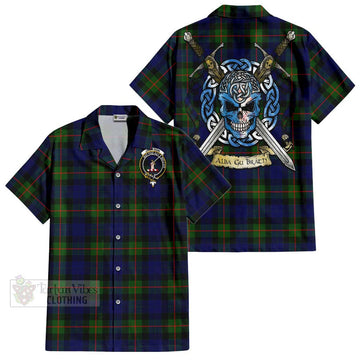 Jamieson Tartan Short Sleeve Button Shirt with Family Crest Celtic Skull Style