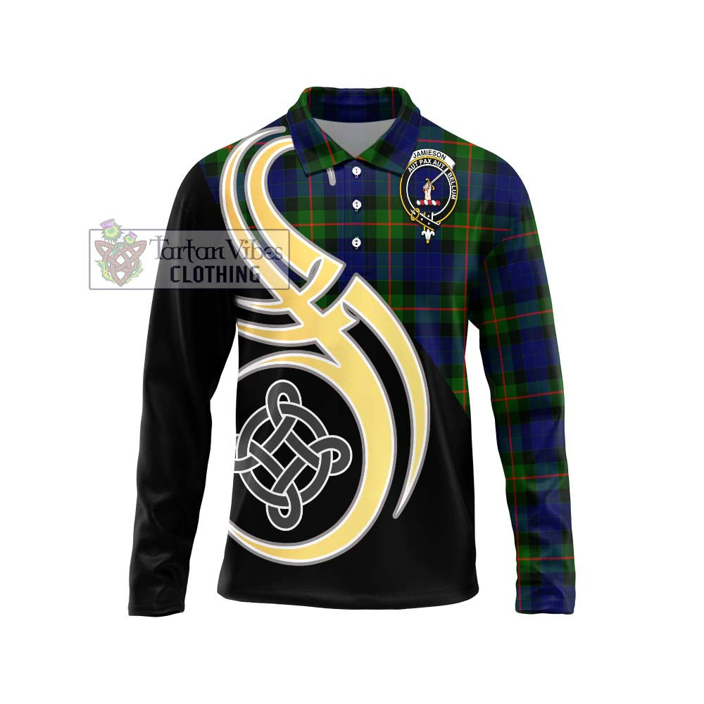 Jamieson Tartan Long Sleeve Polo Shirt with Family Crest and Celtic Symbol Style Unisex - Tartan Vibes Clothing