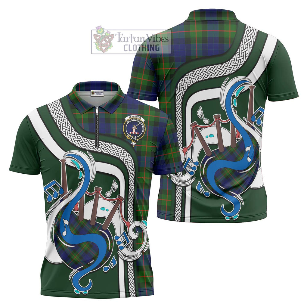 Jamieson Tartan Zipper Polo Shirt with Epic Bagpipe Style Unisex - Tartanvibesclothing Shop