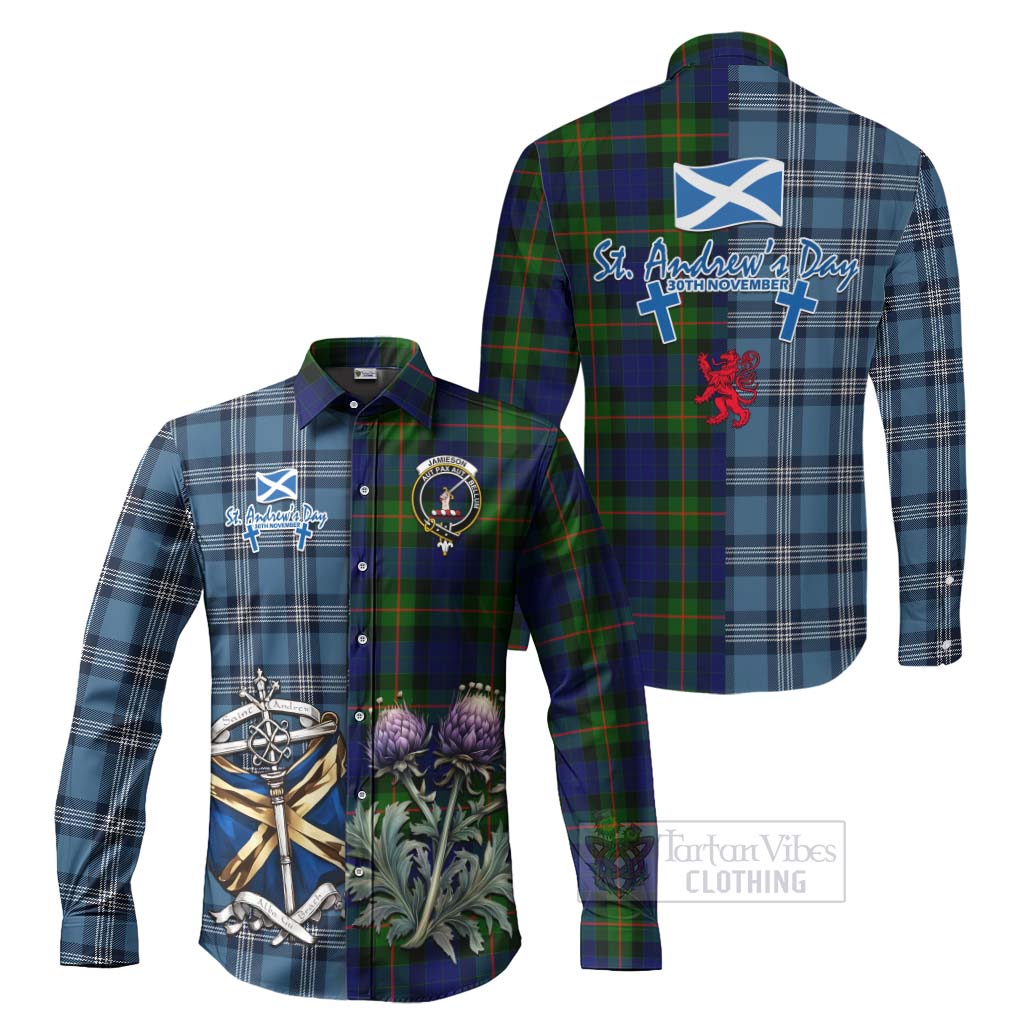 Tartan Vibes Clothing Jamieson Tartan Long Sleeve Button Shirt Happy St. Andrew's Day Half Tartan Style