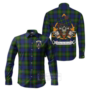 Jamieson Tartan Long Sleeve Button Shirt with Family Crest and Bearded Skull Holding Bottles of Whiskey