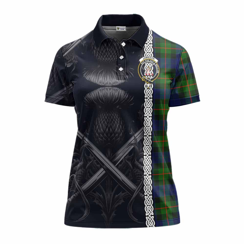 Tartan Vibes Clothing Jamieson Tartan Women's Polo Shirt with Family Crest Cross Sword Thistle Celtic Vibes