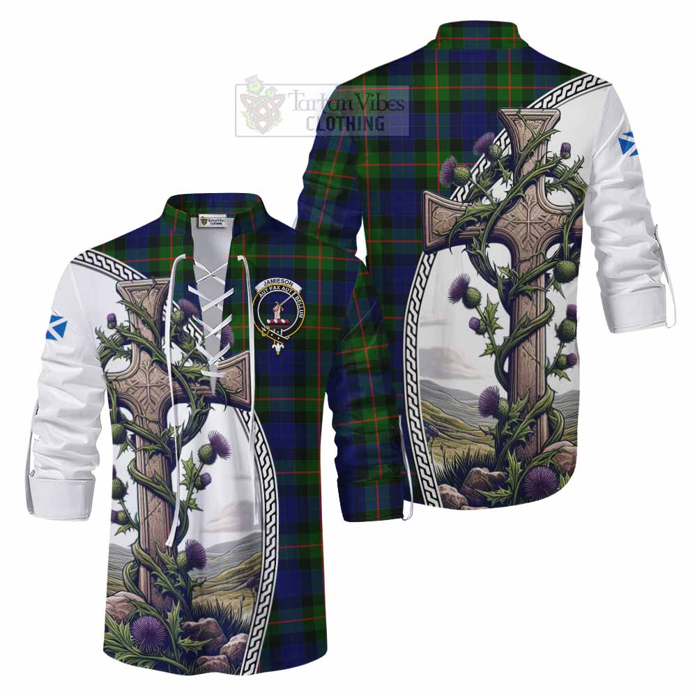 Tartan Vibes Clothing Jamieson Tartan Ghillie Kilt Shirt with Family Crest and St. Andrew's Cross Accented by Thistle Vines