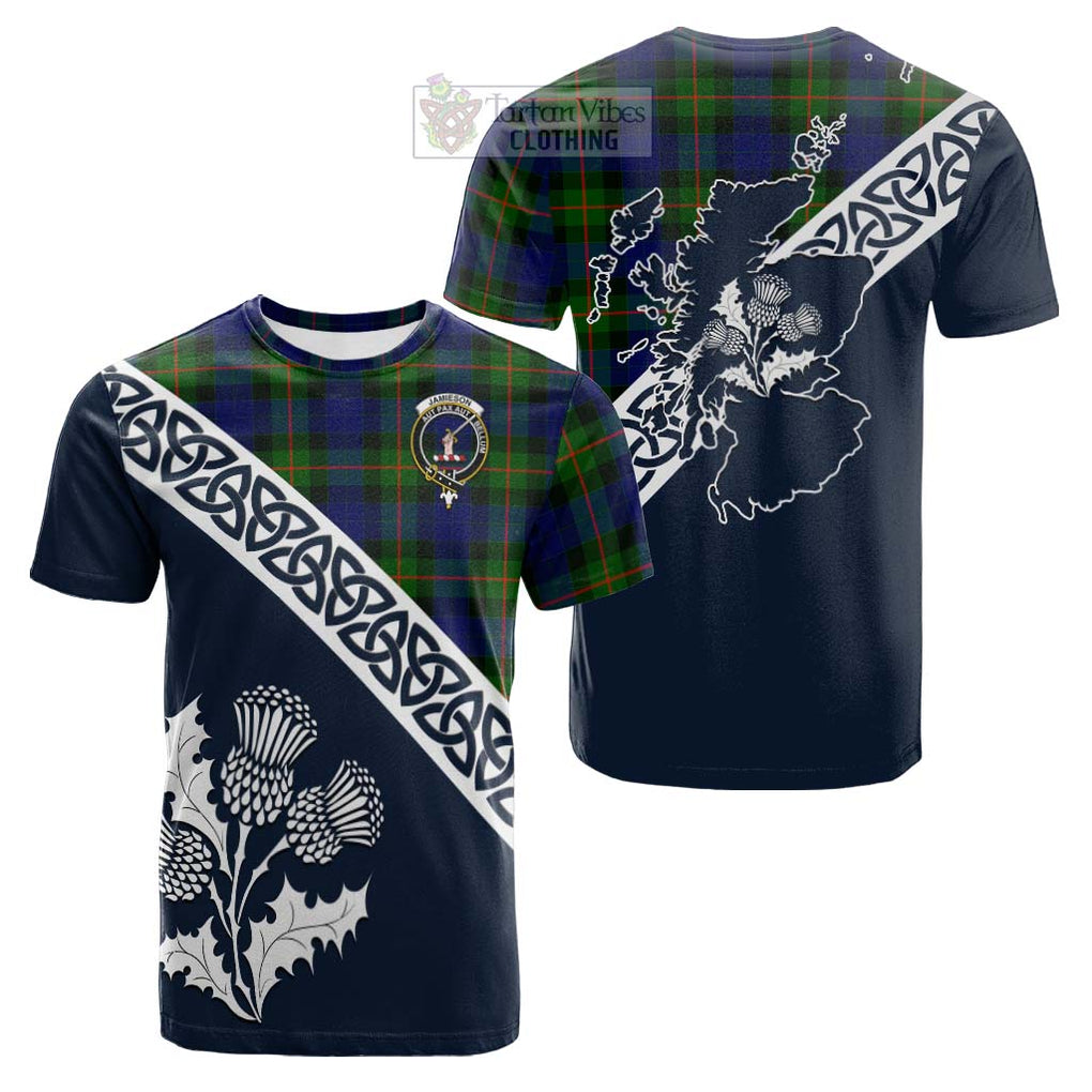 Tartan Vibes Clothing Jamieson Tartan Cotton T-shirt Featuring Thistle and Scotland Map