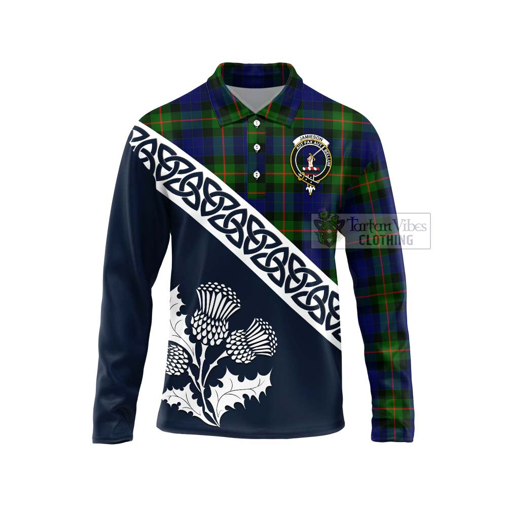 Tartan Vibes Clothing Jamieson Tartan Long Sleeve Polo Shirt Featuring Thistle and Scotland Map