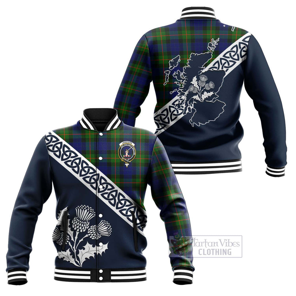 Tartan Vibes Clothing Jamieson Tartan Baseball Jacket Featuring Thistle and Scotland Map