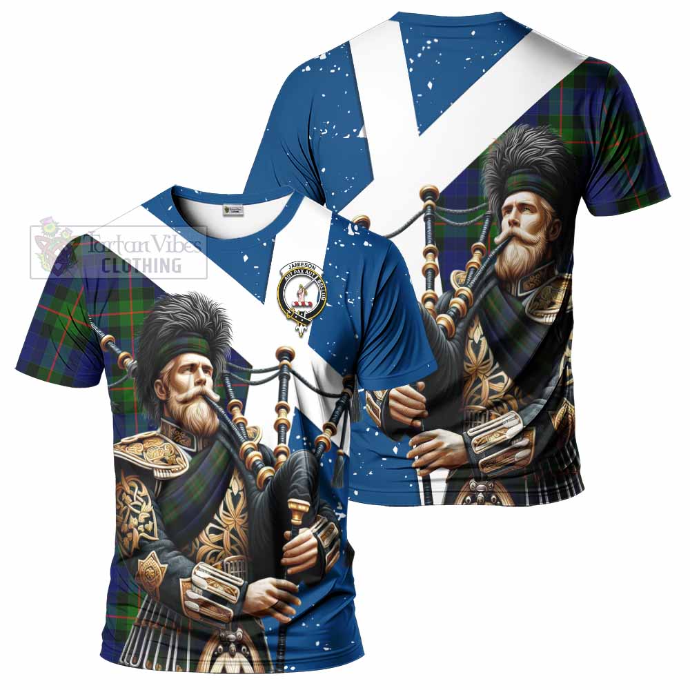 Tartan Vibes Clothing Jamieson Tartan T-Shirt with Family Crest Scottish Bagpiper Vibes