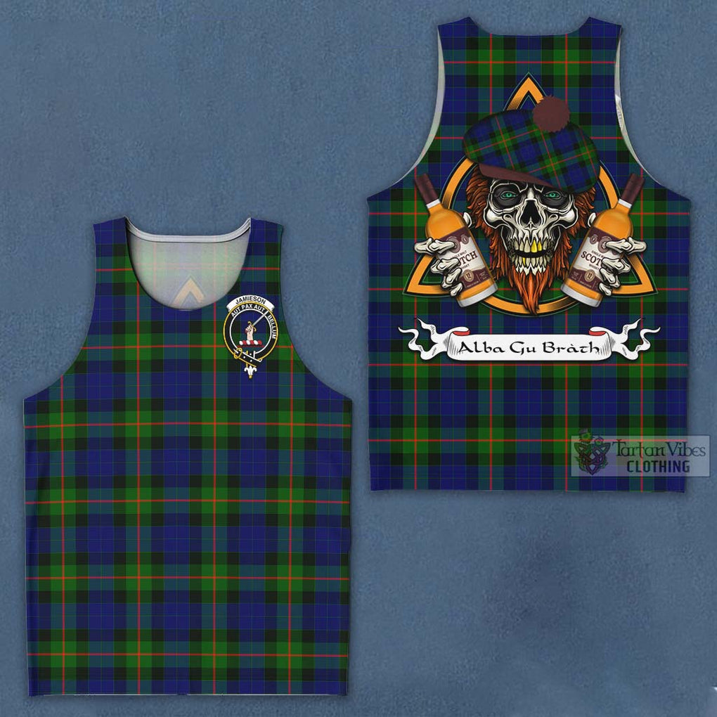 Tartan Vibes Clothing Jamieson Tartan Men's Tank Top with Family Crest and Bearded Skull Holding Bottles of Whiskey