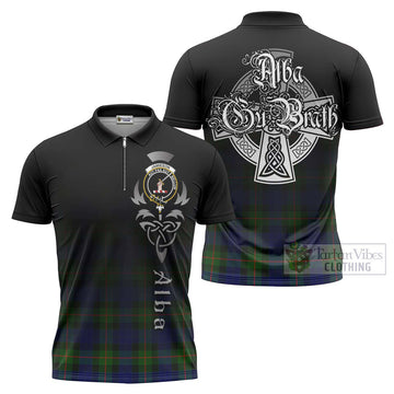 Jamieson Tartan Zipper Polo Shirt Featuring Alba Gu Brath Family Crest Celtic Inspired