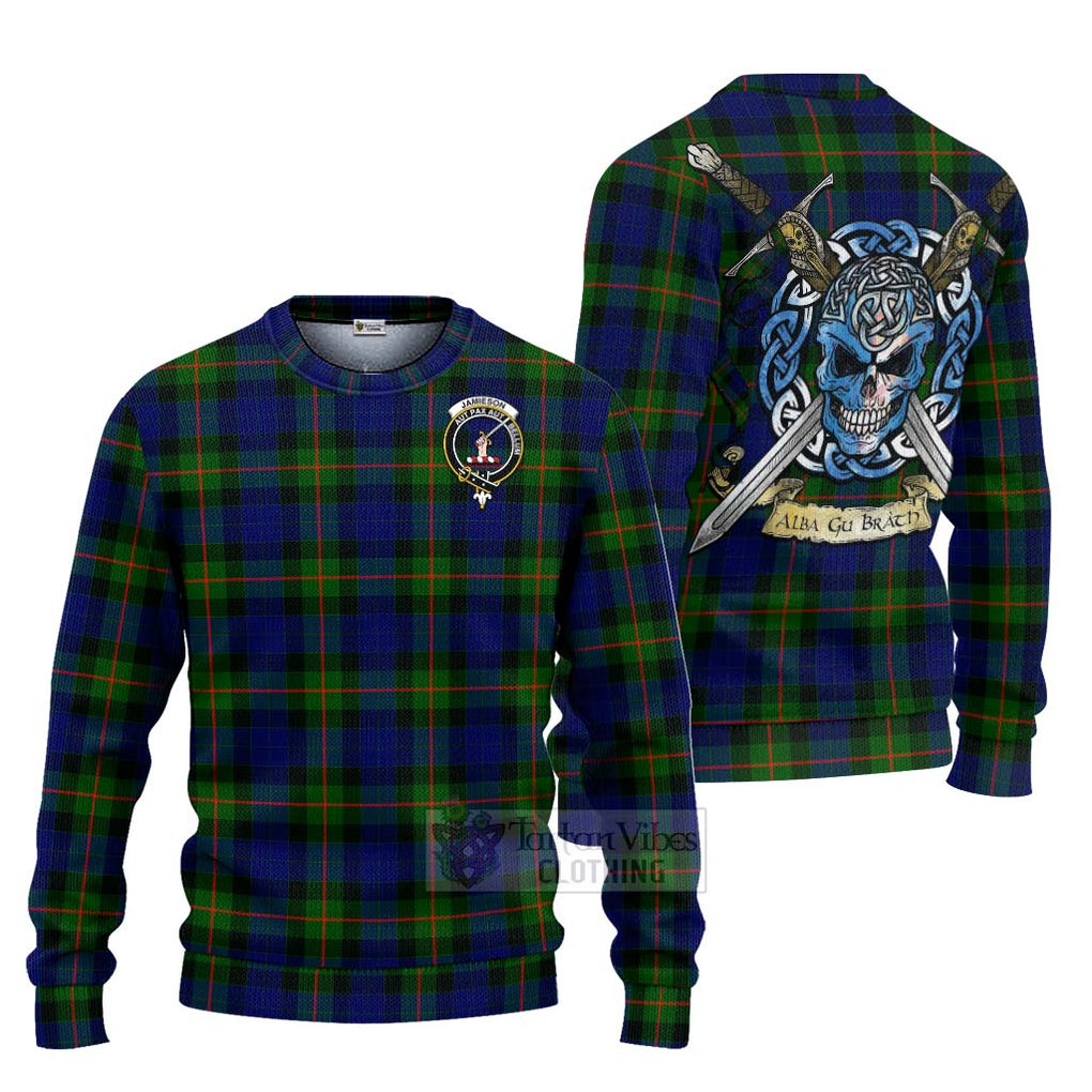 Tartan Vibes Clothing Jamieson Tartan Knitted Sweater with Family Crest Celtic Skull Style