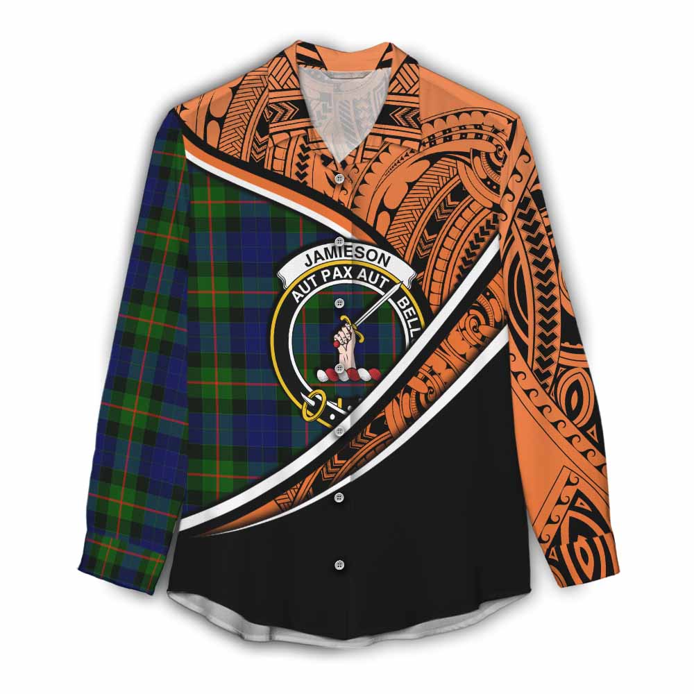 Tartan Vibes Clothing Jamieson Crest Tartan Women's Casual Shirt with Maori Tattoo Style - Orange Version