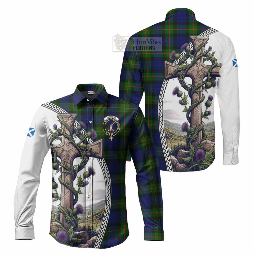 Tartan Vibes Clothing Jamieson Tartan Long Sleeve Button Shirt with Family Crest and St. Andrew's Cross Accented by Thistle Vines