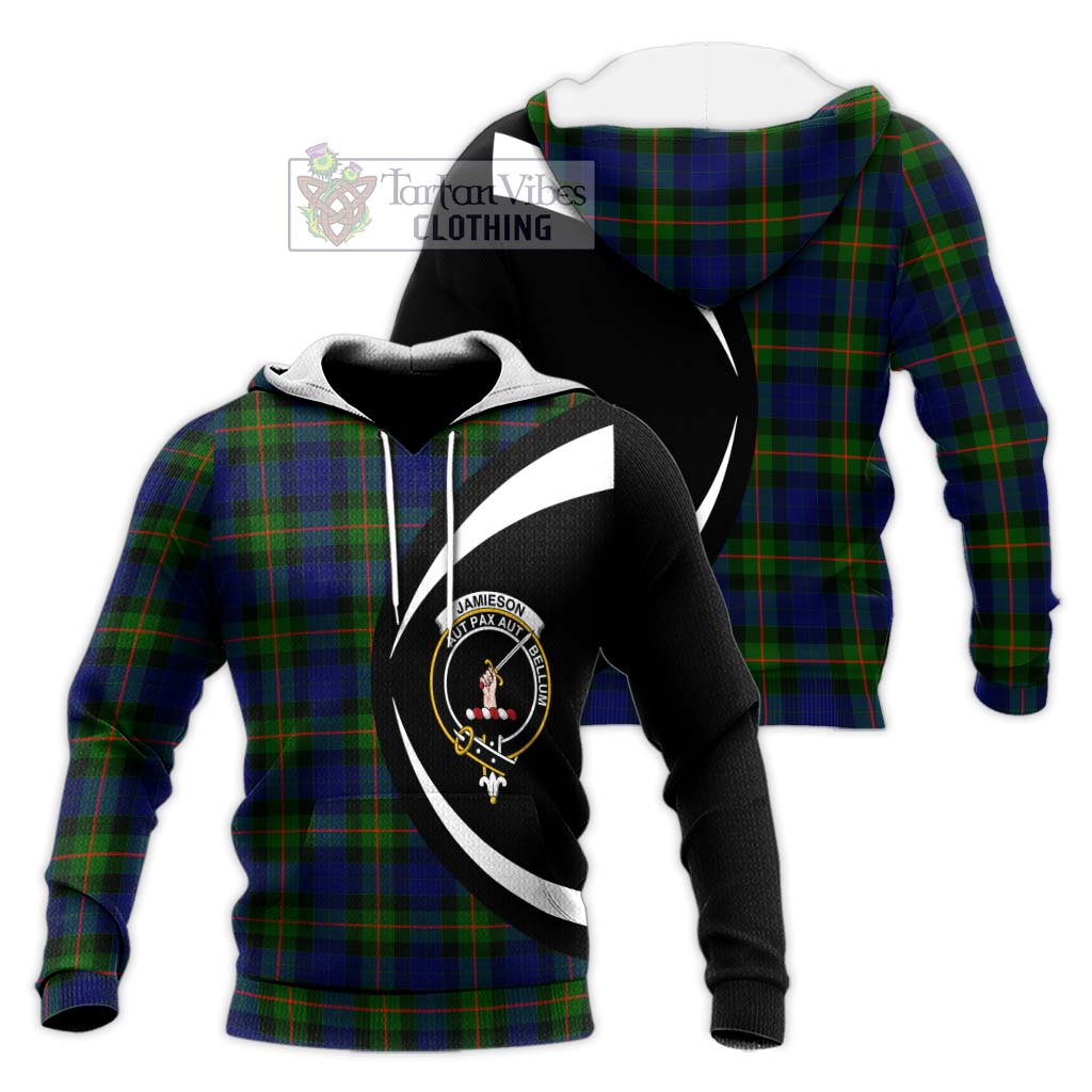 Jamieson Tartan Knitted Hoodie with Family Crest Circle Style Unisex Knitted Pullover Hoodie - Tartan Vibes Clothing