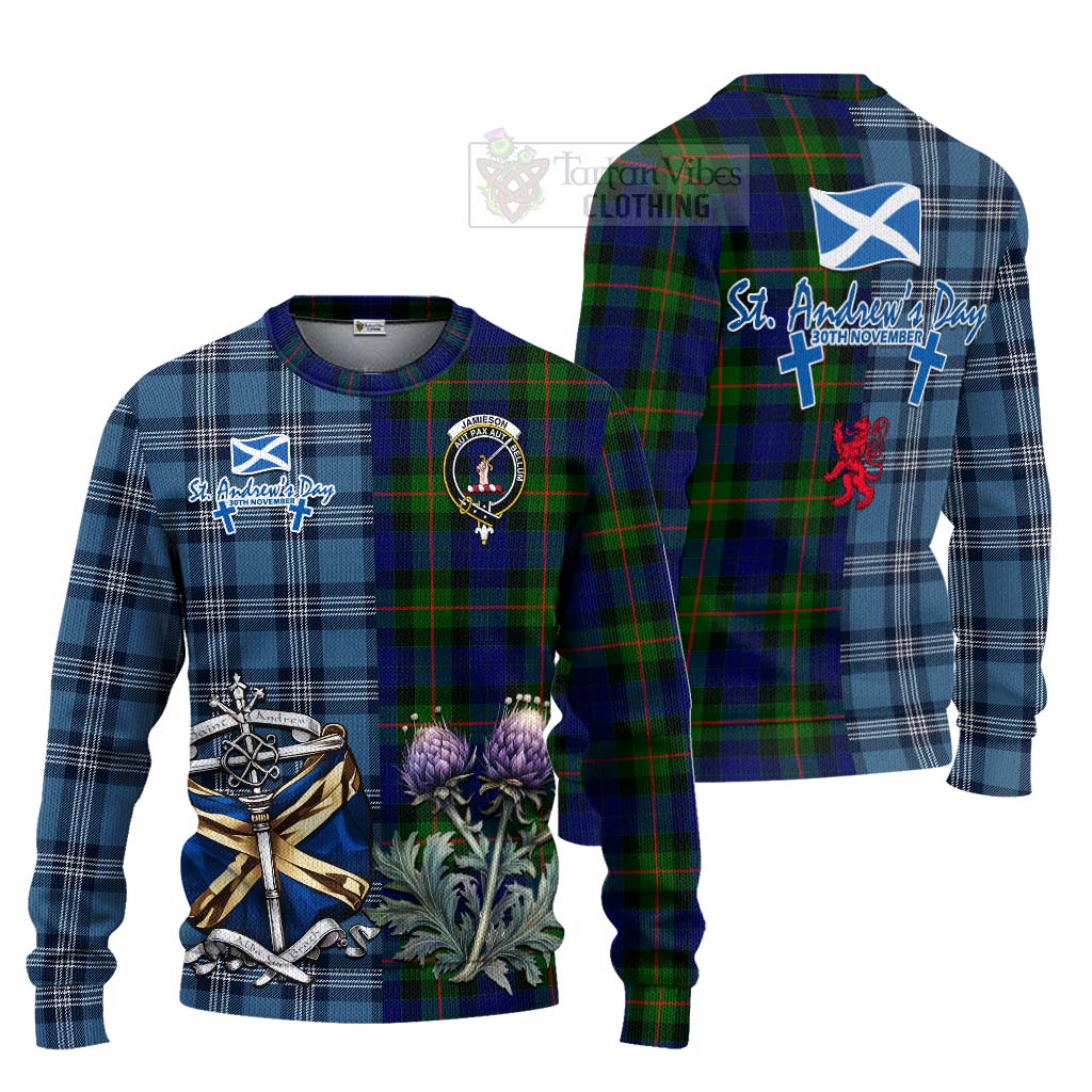 Tartan Vibes Clothing Jamieson Tartan Knitted Sweater Happy St. Andrew's Day Half Tartan Style