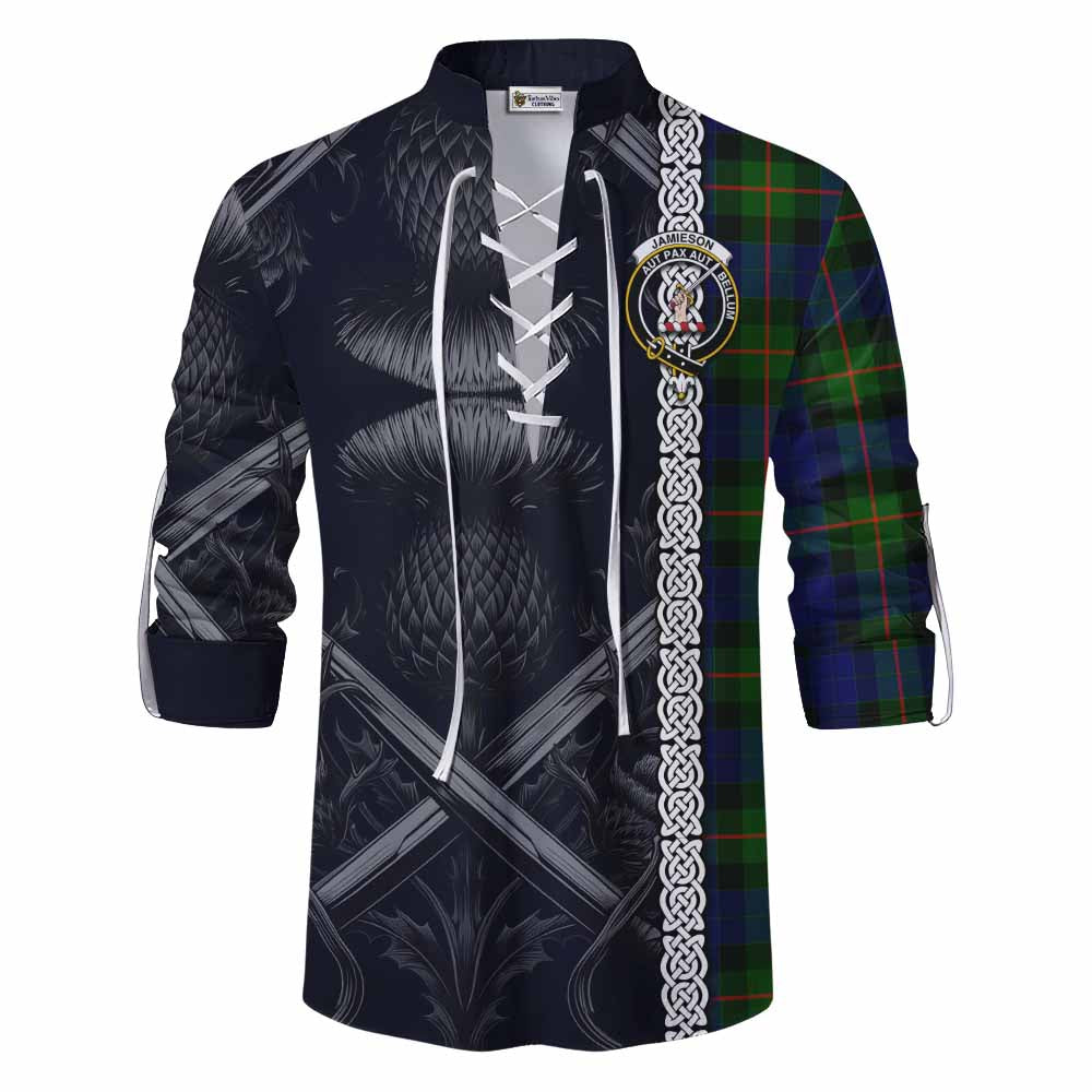 Tartan Vibes Clothing Jamieson Tartan Ghillie Kilt Shirt with Family Crest Cross Sword Thistle Celtic Vibes