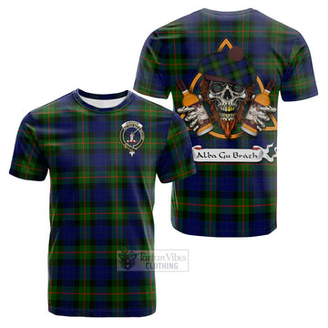 Jamieson Tartan Cotton T-shirt with Family Crest and Bearded Skull Holding Bottles of Whiskey