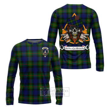 Jamieson Tartan Long Sleeve T-Shirt with Family Crest and Bearded Skull Holding Bottles of Whiskey