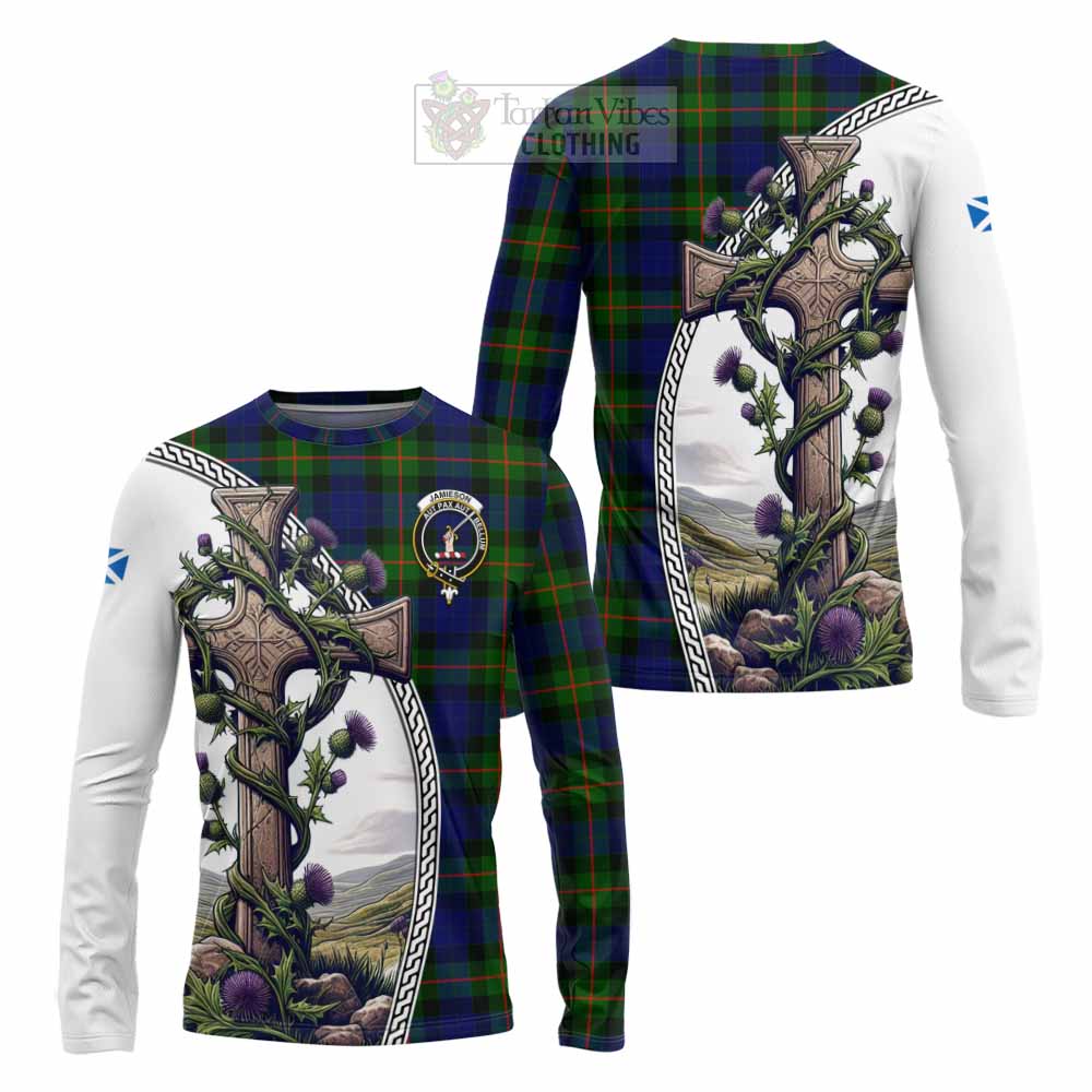 Tartan Vibes Clothing Jamieson Tartan Long Sleeve T-Shirt with Family Crest and St. Andrew's Cross Accented by Thistle Vines