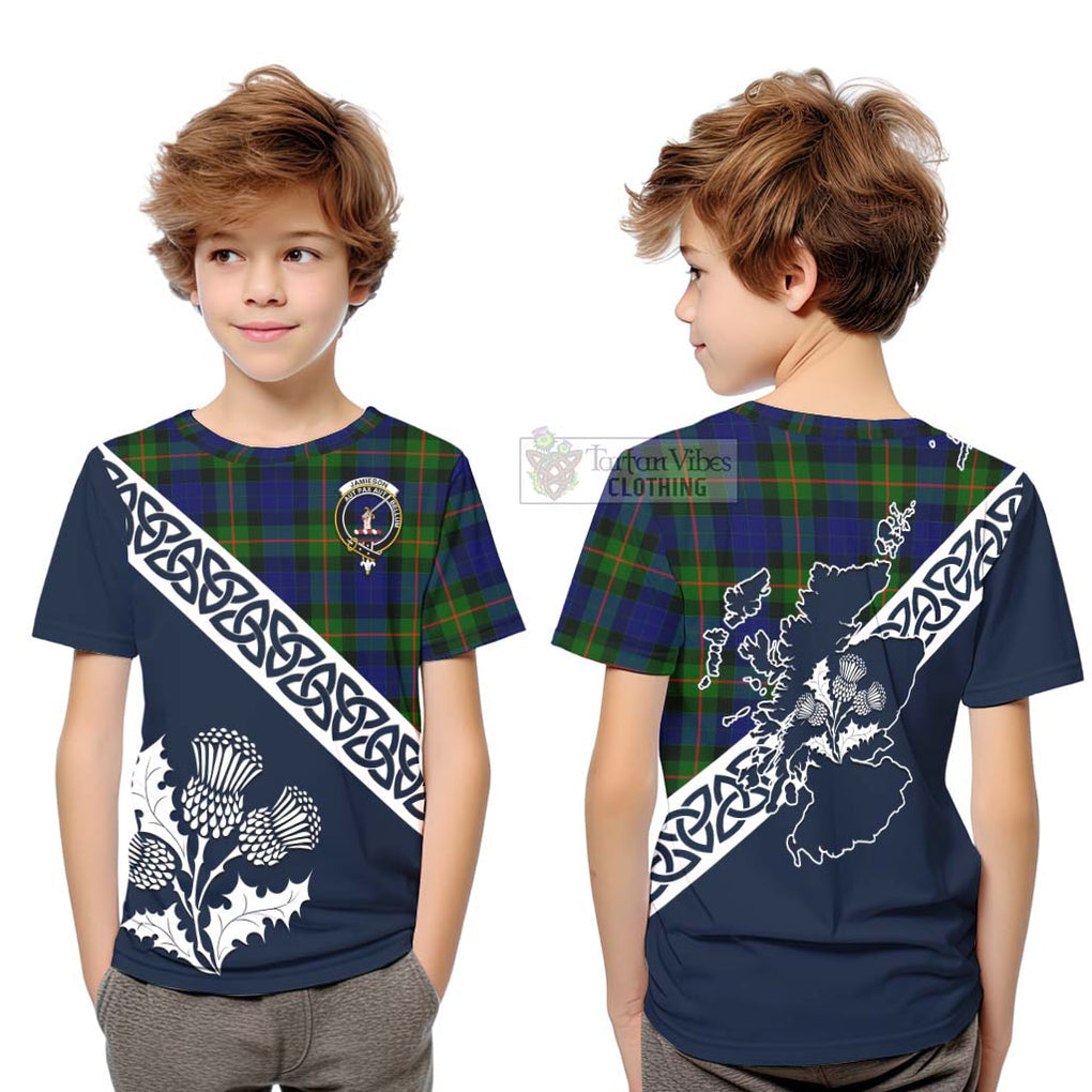 Tartan Vibes Clothing Jamieson Tartan Kid T-Shirt Featuring Thistle and Scotland Map