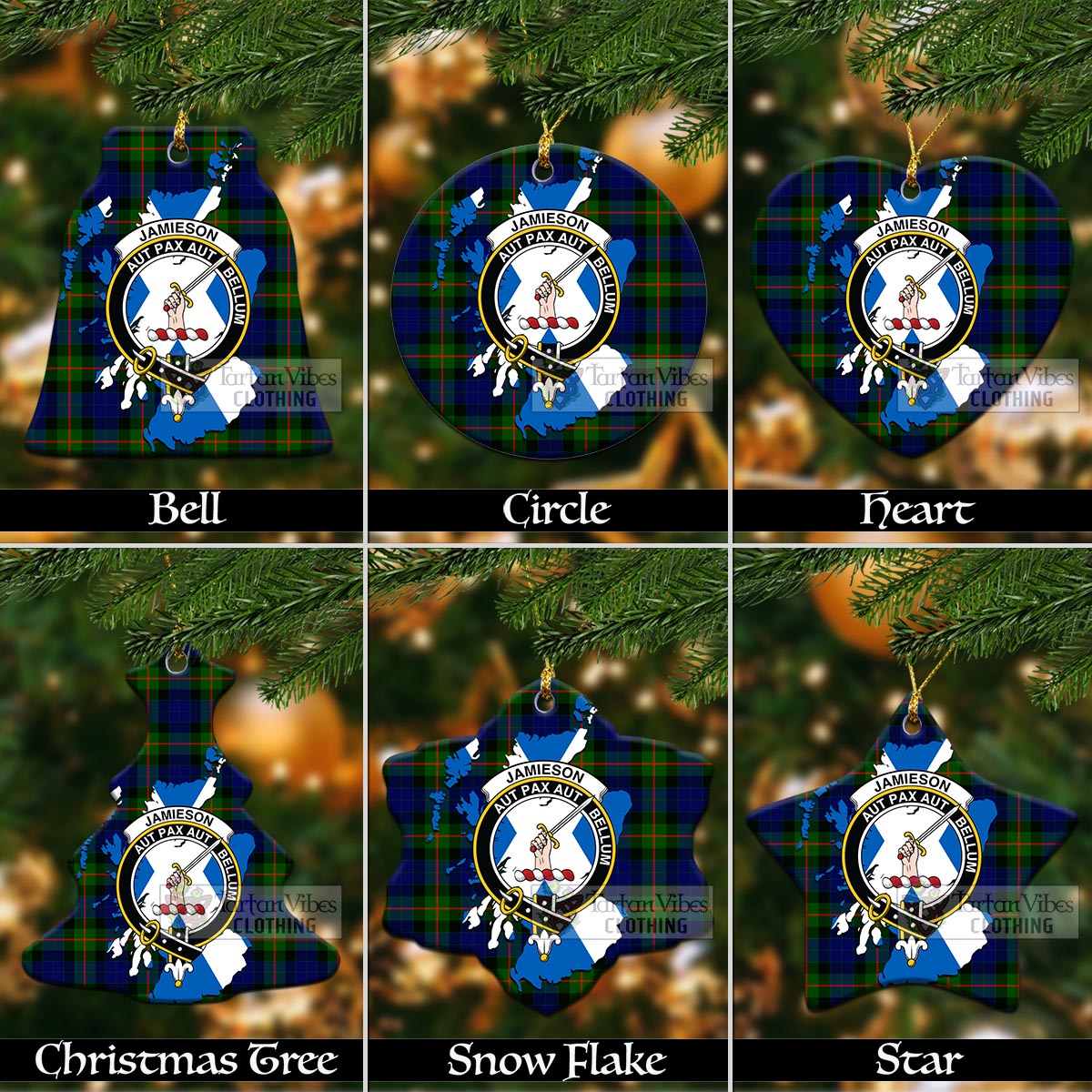 Tartan Vibes Clothing Jamieson Tartan Christmas Ornament with Family Crest and Scotland Map