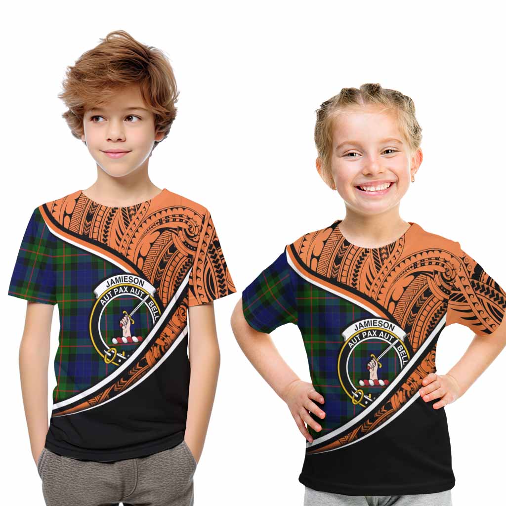 Tartan Vibes Clothing Jamieson Crest Tartan Kid T-Shirt with Maori Tattoo Style - Orange Version