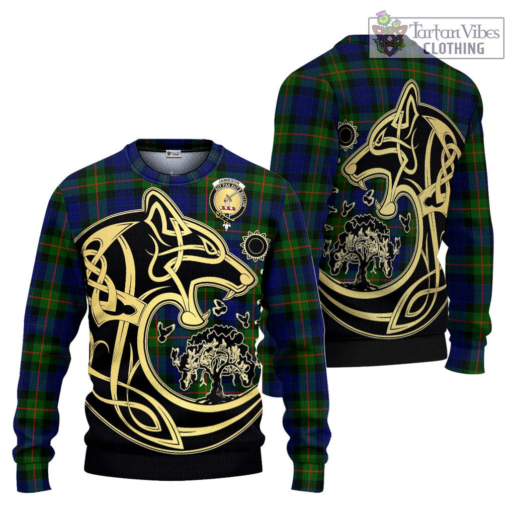 Jamieson Tartan Knitted Sweater with Family Crest Celtic Wolf Style Unisex - Tartan Vibes Clothing