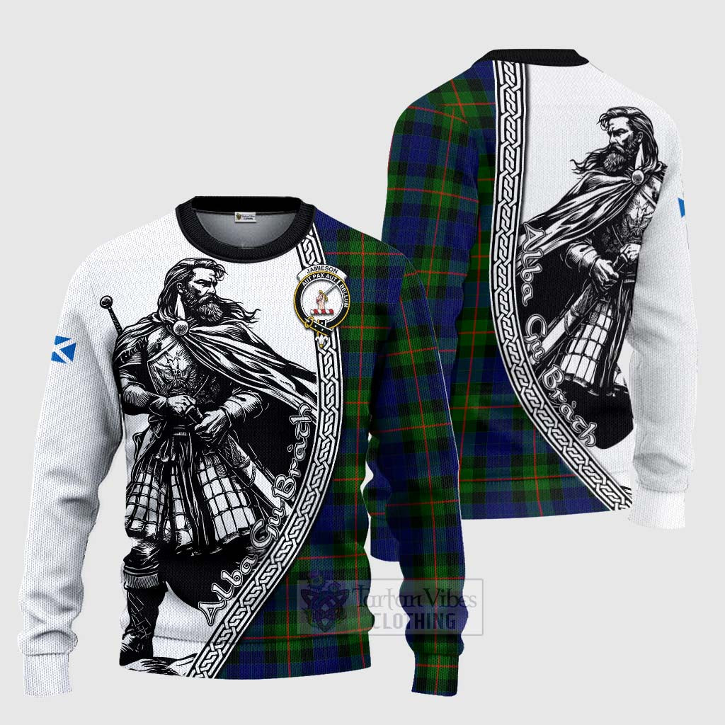 Tartan Vibes Clothing Jamieson Tartan Clan Crest Knitted Sweater with Highlander Warrior Celtic Style