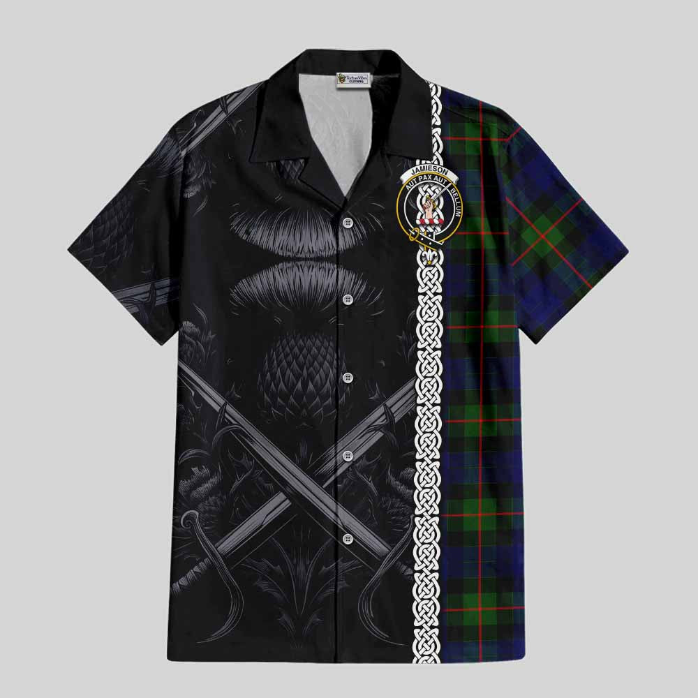 Tartan Vibes Clothing Jamieson Tartan Short Sleeve Button Shirt with Family Crest Cross Sword Thistle Celtic Vibes