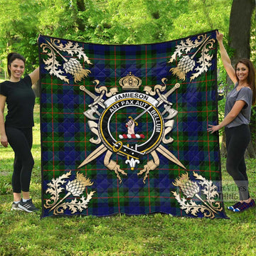 Jamieson Tartan Quilt with Family Crest and Scottish Golden Courage Shield