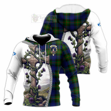 Jamieson Tartan Knitted Hoodie with Family Crest and St. Andrew's Cross Accented by Thistle Vines