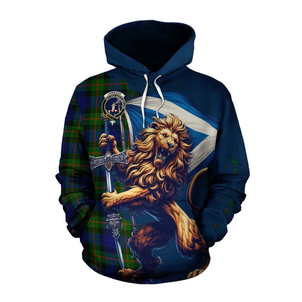 Tartan Vibes Clothing Jamieson Tartan Family Crest Cotton Hoodie with Scottish Majestic Lion