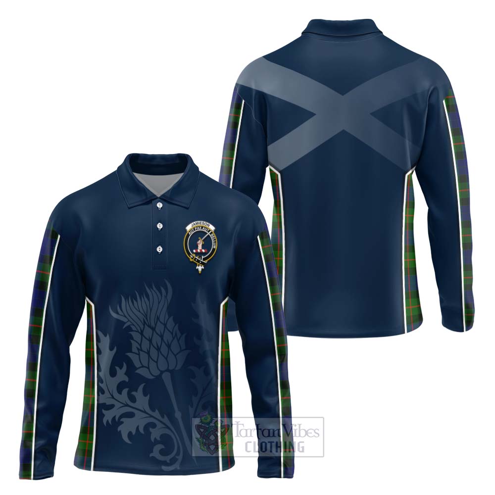 Tartan Vibes Clothing Jamieson Tartan Long Sleeve Polo Shirt with Family Crest and Scottish Thistle Vibes Sport Style