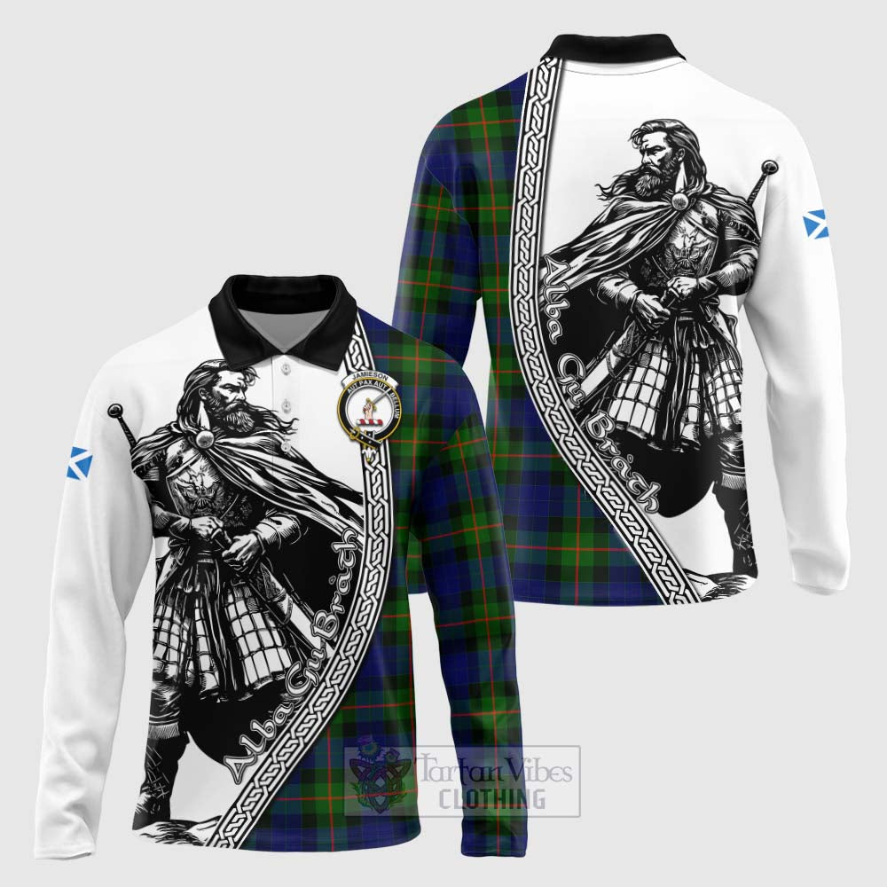 Tartan Vibes Clothing Jamieson Tartan Clan Crest Long Sleeve Polo Shirt with Highlander Warrior Celtic Style