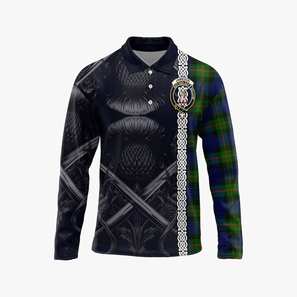 Tartan Vibes Clothing Jamieson Tartan Long Sleeve Polo Shirt with Family Crest Cross Sword Thistle Celtic Vibes