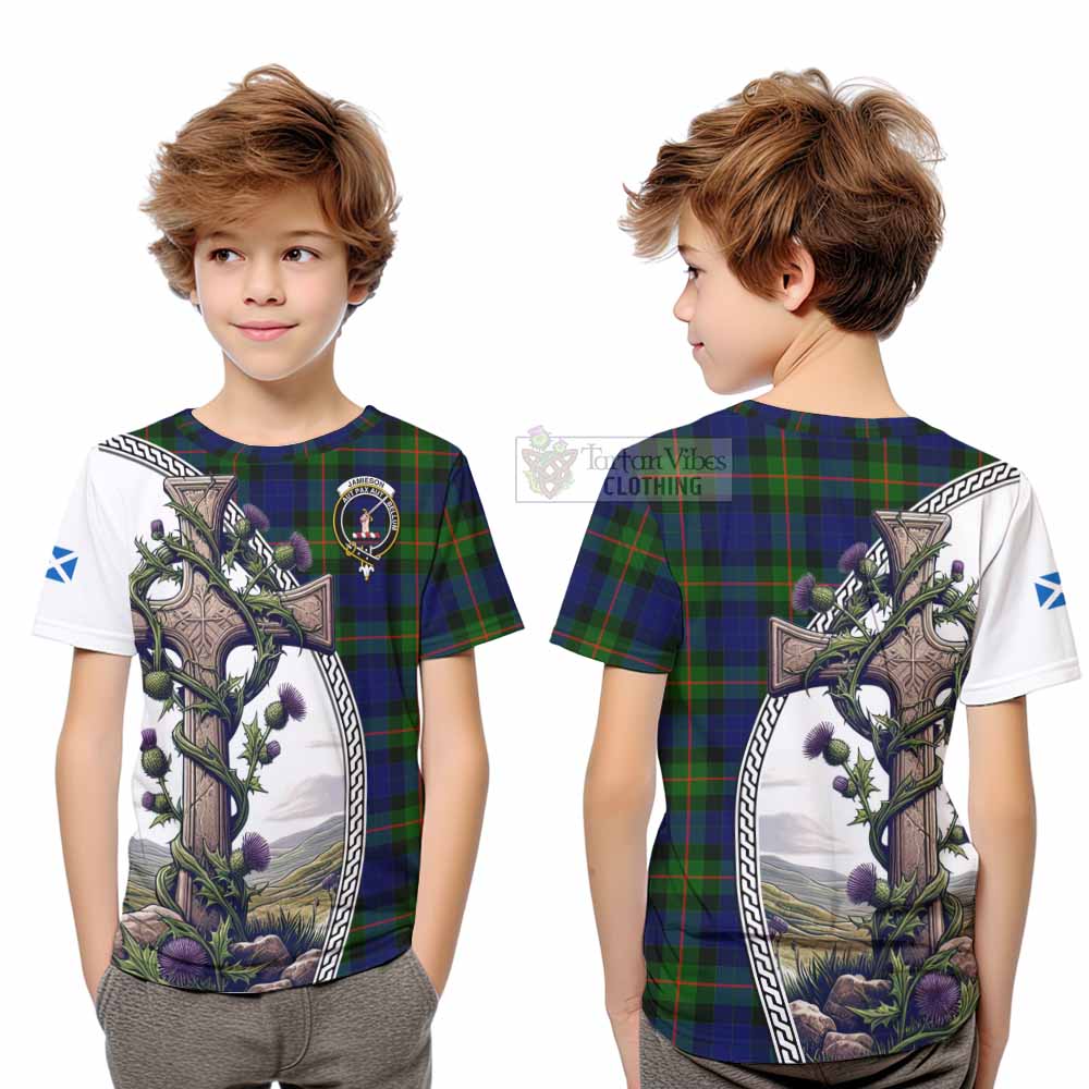 Tartan Vibes Clothing Jamieson Tartan Kid T-Shirt with Family Crest and St. Andrew's Cross Accented by Thistle Vines