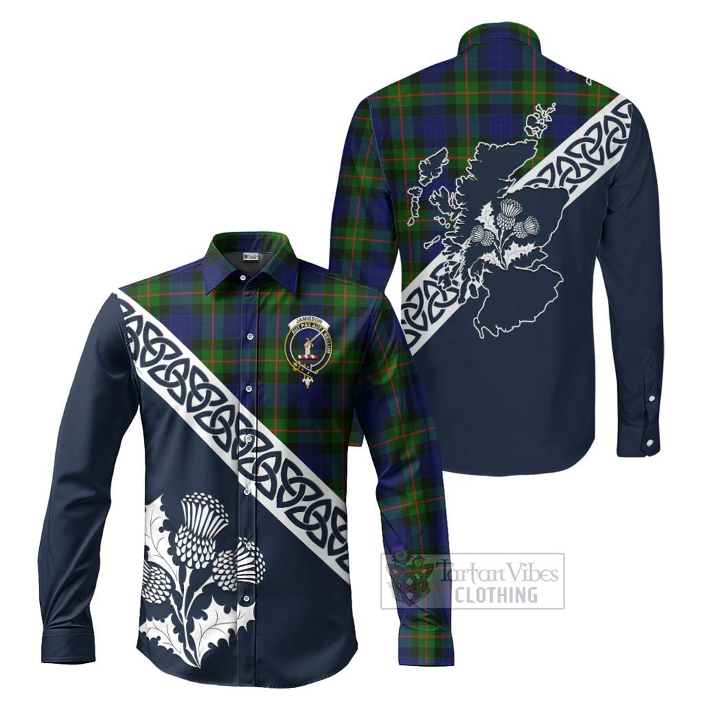 Tartan Vibes Clothing Jamieson Tartan Long Sleeve Button Shirt Featuring Thistle and Scotland Map