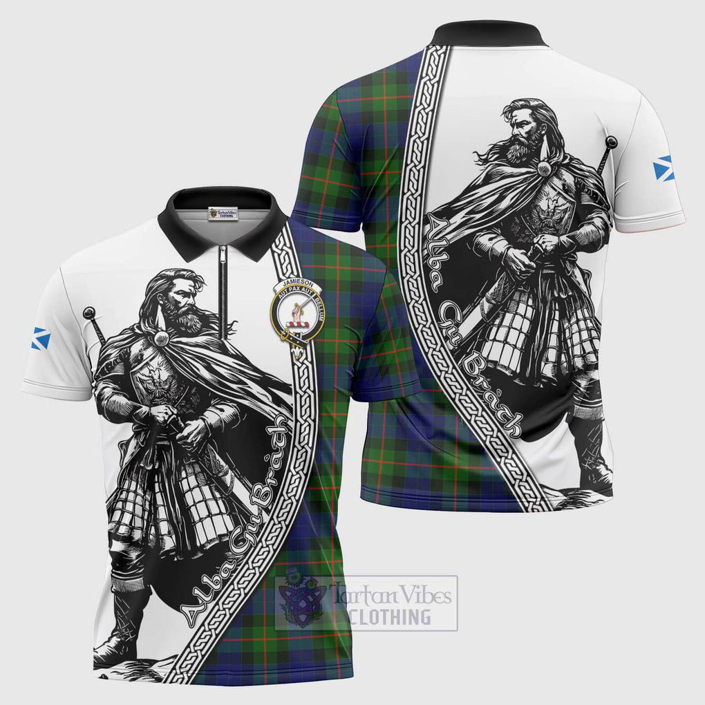 Tartan Vibes Clothing Jamieson Tartan Clan Crest Zipper Polo Shirt with Highlander Warrior Celtic Style