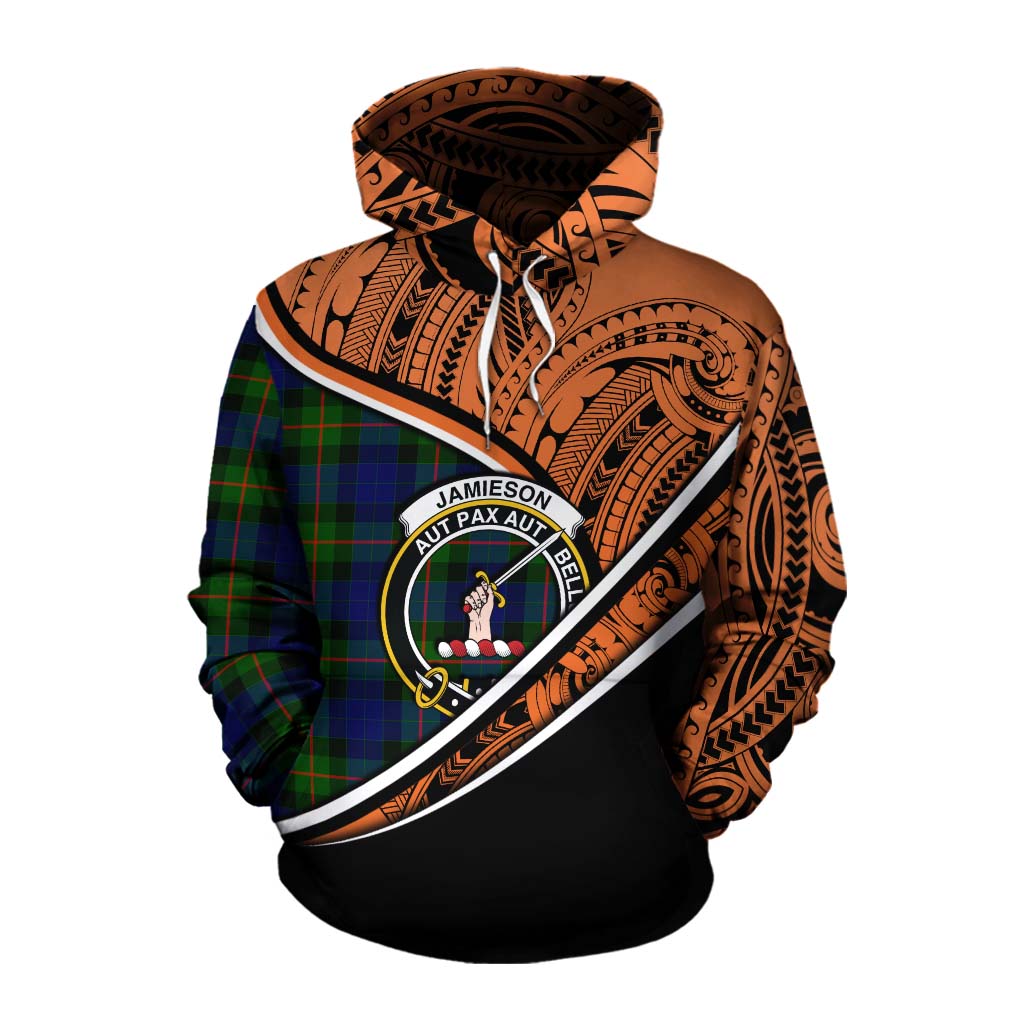 Tartan Vibes Clothing Jamieson Crest Tartan Cotton Hoodie with Maori Tattoo Style - Orange Version