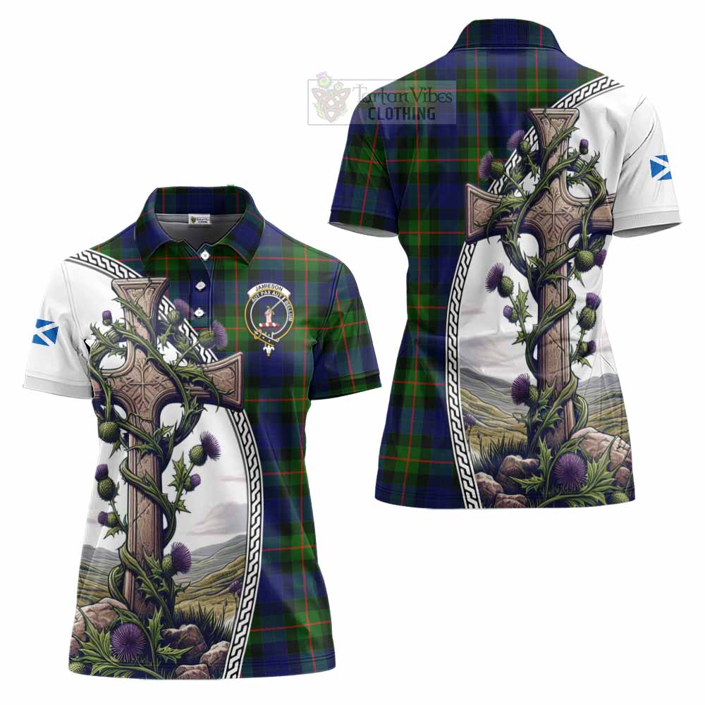 Tartan Vibes Clothing Jamieson Tartan Women's Polo Shirt with Family Crest and St. Andrew's Cross Accented by Thistle Vines