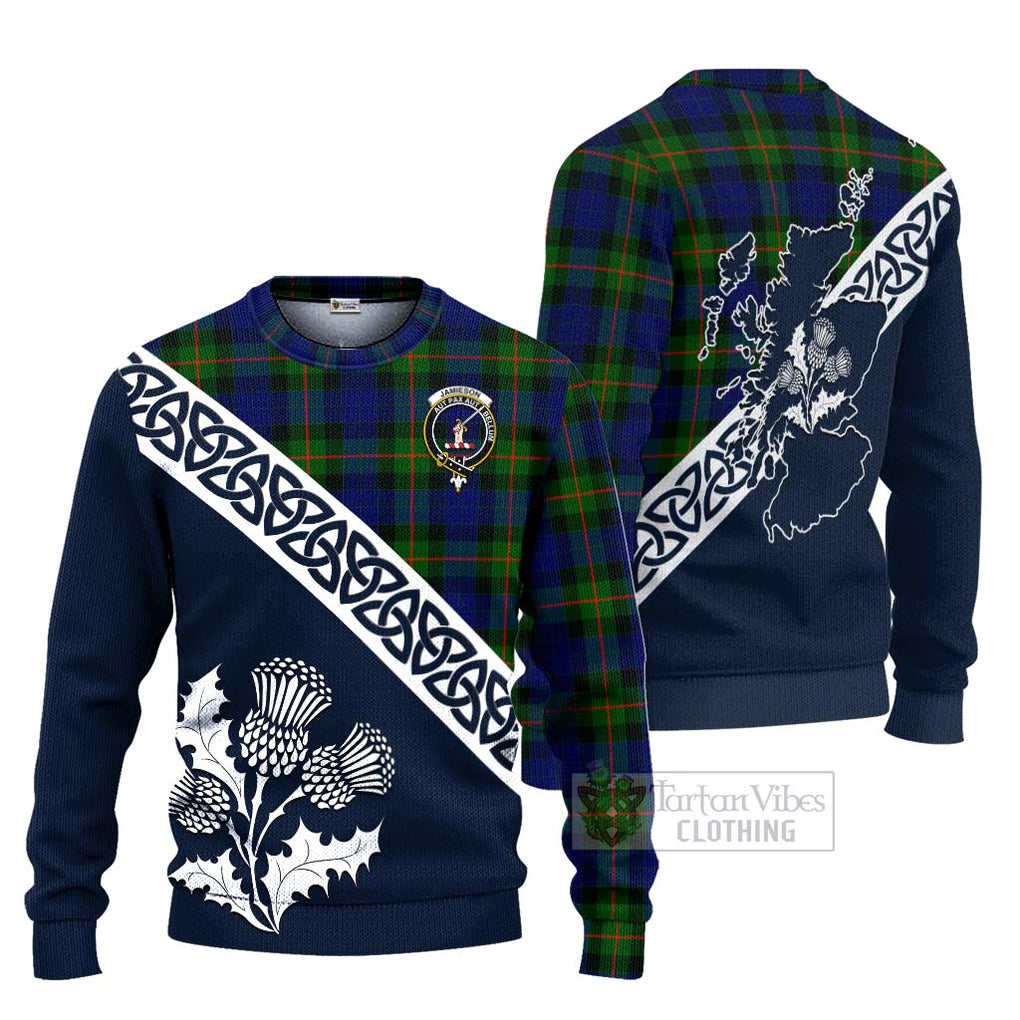 Tartan Vibes Clothing Jamieson Tartan Knitted Sweater Featuring Thistle and Scotland Map