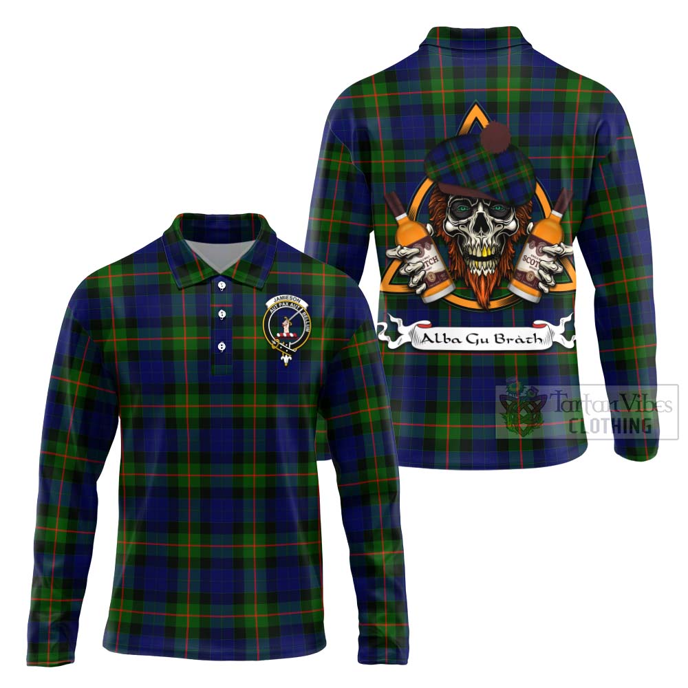 Tartan Vibes Clothing Jamieson Tartan Long Sleeve Polo Shirt with Family Crest and Bearded Skull Holding Bottles of Whiskey