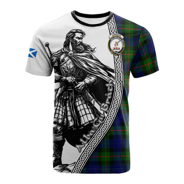 Jamieson Tartan Clan Crest Cotton T-shirt with Highlander Warrior Celtic Style