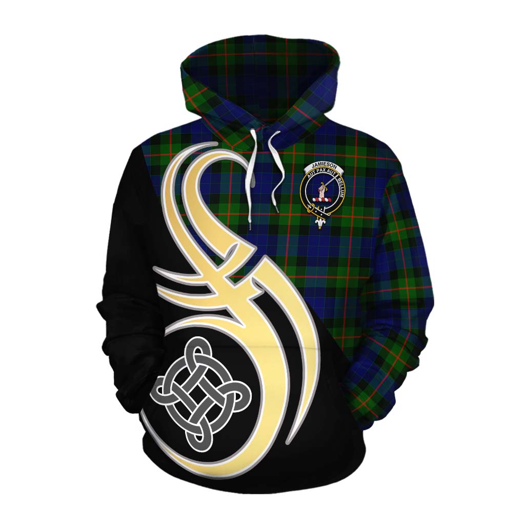 Tartan Vibes Clothing Jamieson Tartan Cotton Hoodie with Family Crest and Celtic Symbol Style