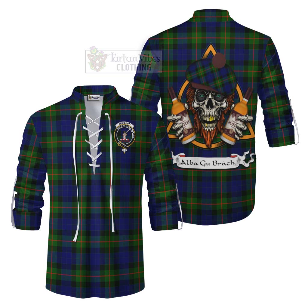 Tartan Vibes Clothing Jamieson Tartan Ghillie Kilt Shirt with Family Crest and Bearded Skull Holding Bottles of Whiskey