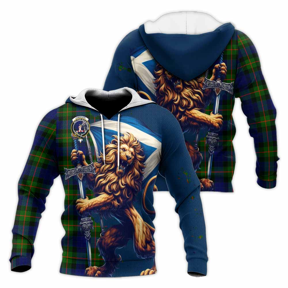 Tartan Vibes Clothing Jamieson Tartan Family Crest Knitted Hoodie with Scottish Majestic Lion